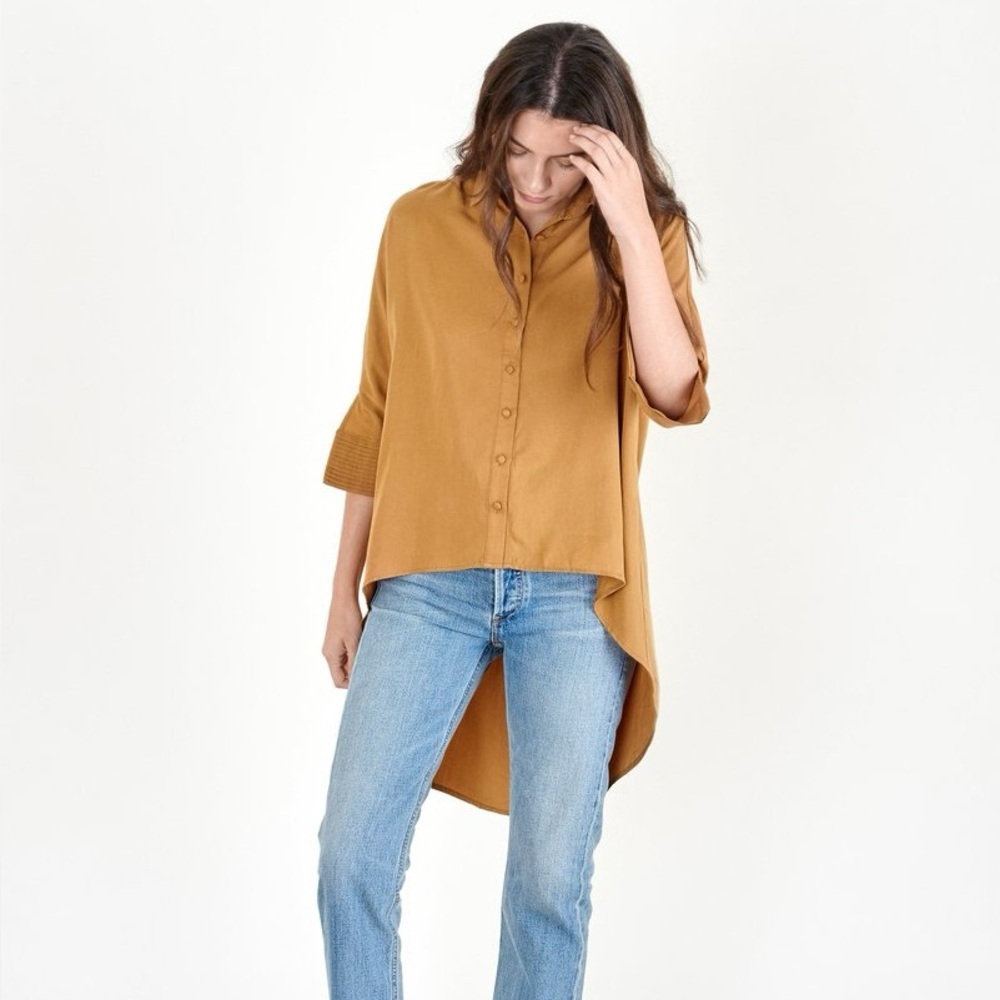 Sancia Salome Blouse Buttown Down‎ Top Gold Tan High Low Shirt Medium